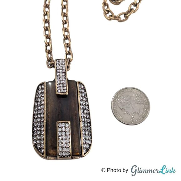 Ann Taylor Bronze Tone Geometric Pave Rhinestone Crystal Pendant Necklace - Picture 8 of 10